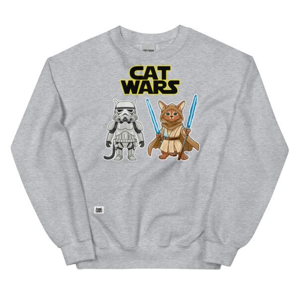 Sudadera original de gatos. CAT WARS. Inspirada en la mítica saga Star Wars. Gato stormtrooper y gato jedi. Para los más frikis y amantes de los gatos. Que la fuerza te acompañe. Yo soy tu padre. Color gris