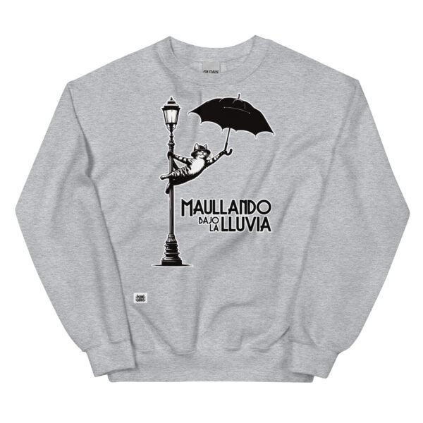 Sudadera divertida de gatos. MAULLANDO BAJO LA LLUVIA. Inspirada en la icónica película Cantando bajo la lluvia de 1952.  Color gris