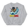 Sudadera divertida de gatos. GATOBALL. Inspirada en la famosa serie de anime Dragon Ball. Gato vestido de samurai volando sobre una nube y con una katana. Onda vital. Color gris