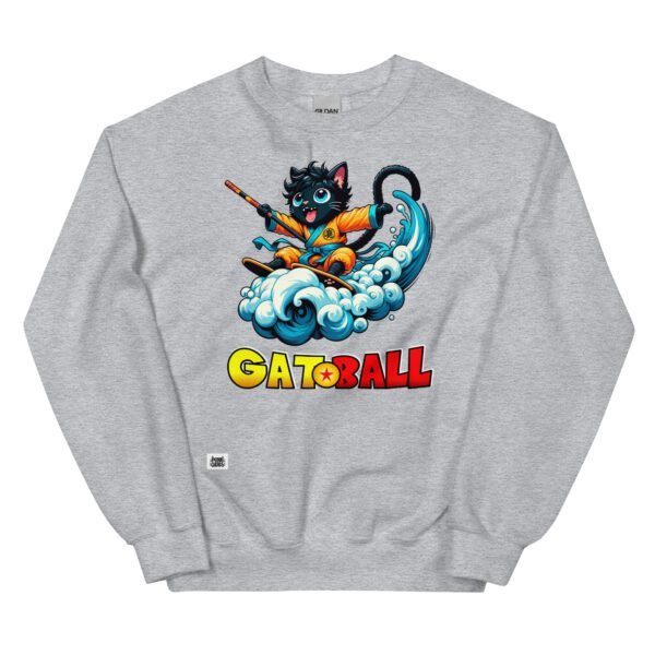 Sudadera divertida de gatos. GATOBALL. Inspirada en la famosa serie de anime Dragon Ball. Gato vestido de samurai volando sobre una nube y con una katana. Onda vital. Color gris