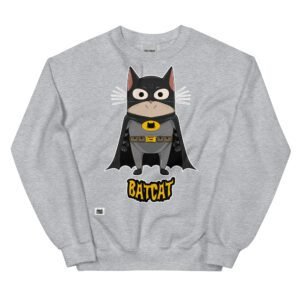 Sudadera original de gatos. BATCAT. Inspirada en BatMan. Gato disfrazado de murciélago con capa. El superhéroe que necesitas para combatir el mal y el bien. Color gris
