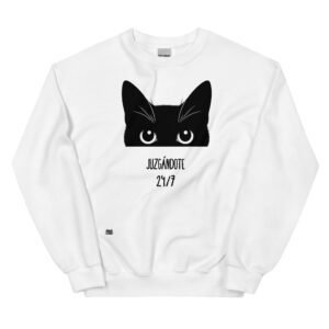 Sudadera divertida de gatos. GATO JUZGÁNDOTE 24/7. Un gato que te mira y te juzga todo el tiempo. Color blanco