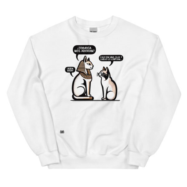 Sudadera divertida de gatos. GATO EGÍPCIO Y GATO ACTUAL. Los gatos dominan el mundo desde tiempos antiguos y se comunican entre ellos. Color blanco