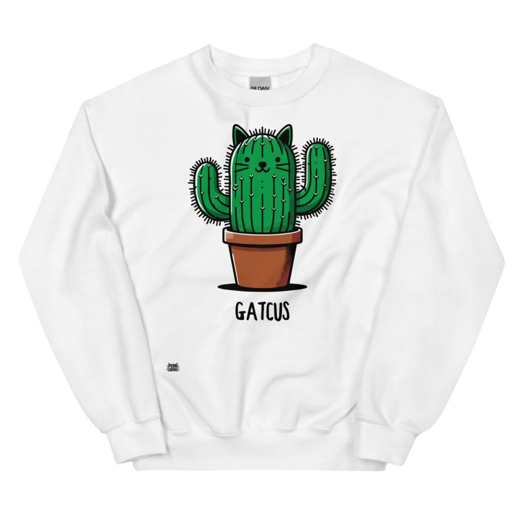 Sudadera original de gatos. GATCUS. El cactus que se parece a un gato o el gato que se parece a un cactus plantado en una maceta. Color blanco