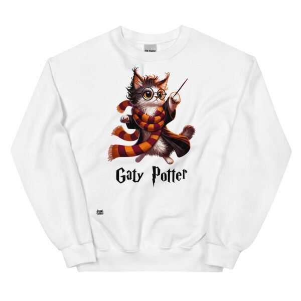 Sudadera original de gatos. GATY POTTER. Inspirada en la saga de Harry Potter. Para amantes de la magia y los mininos. Color blanco