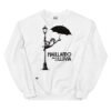 Sudadera divertida de gatos. MAULLANDO BAJO LA LLUVIA. Inspirada en la icónica película Cantando bajo la lluvia de 1952.  Color blanco