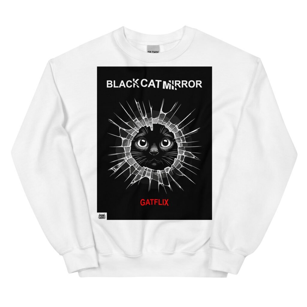 Sudadera original de gatos. BLACK CAT MIRROR. Inspirada en la famosa serie de netflix Black Mirror. Gato negro rompe espejo. Color blanco