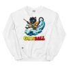 Sudadera divertida de gatos. GATOBALL. Inspirada en la famosa serie de anime Dragon Ball. Gato vestido de samurai volando sobre una nube y con una katana. Onda vital. Color blanco
