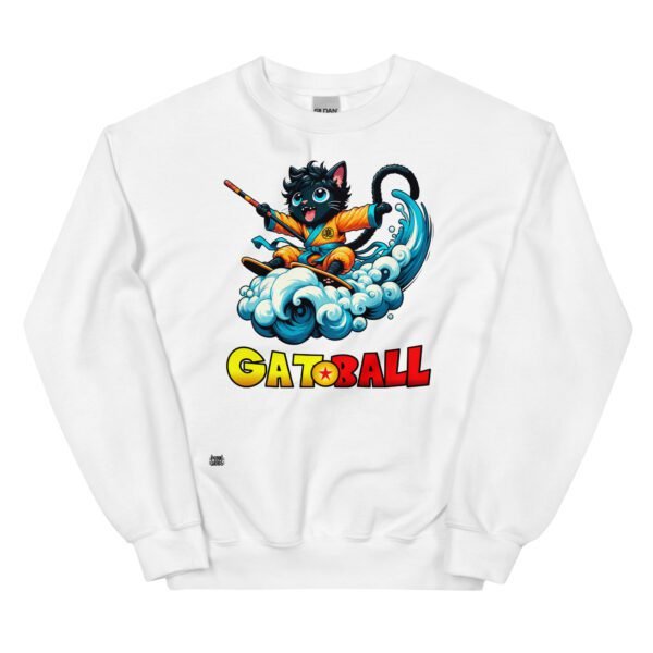 Sudadera divertida de gatos. GATOBALL. Inspirada en la famosa serie de anime Dragon Ball. Gato vestido de samurai volando sobre una nube y con una katana. Onda vital. Color blanco
