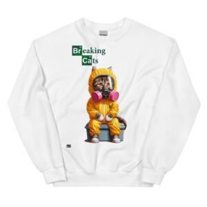 Sudadera original de gatos. BREAKING CATS. Inspirada en la famosa serie Breaking Bad. Gato con traje químico y máscara de gas. Color blanco
