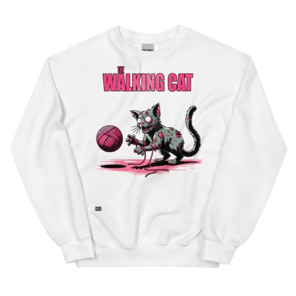 Sudadera divertida de gatos. THE WALKING CAT. Inspirada en la famosa serie The Walking Dead. Gato zombie jugando con ovillo de lana. Color blanco