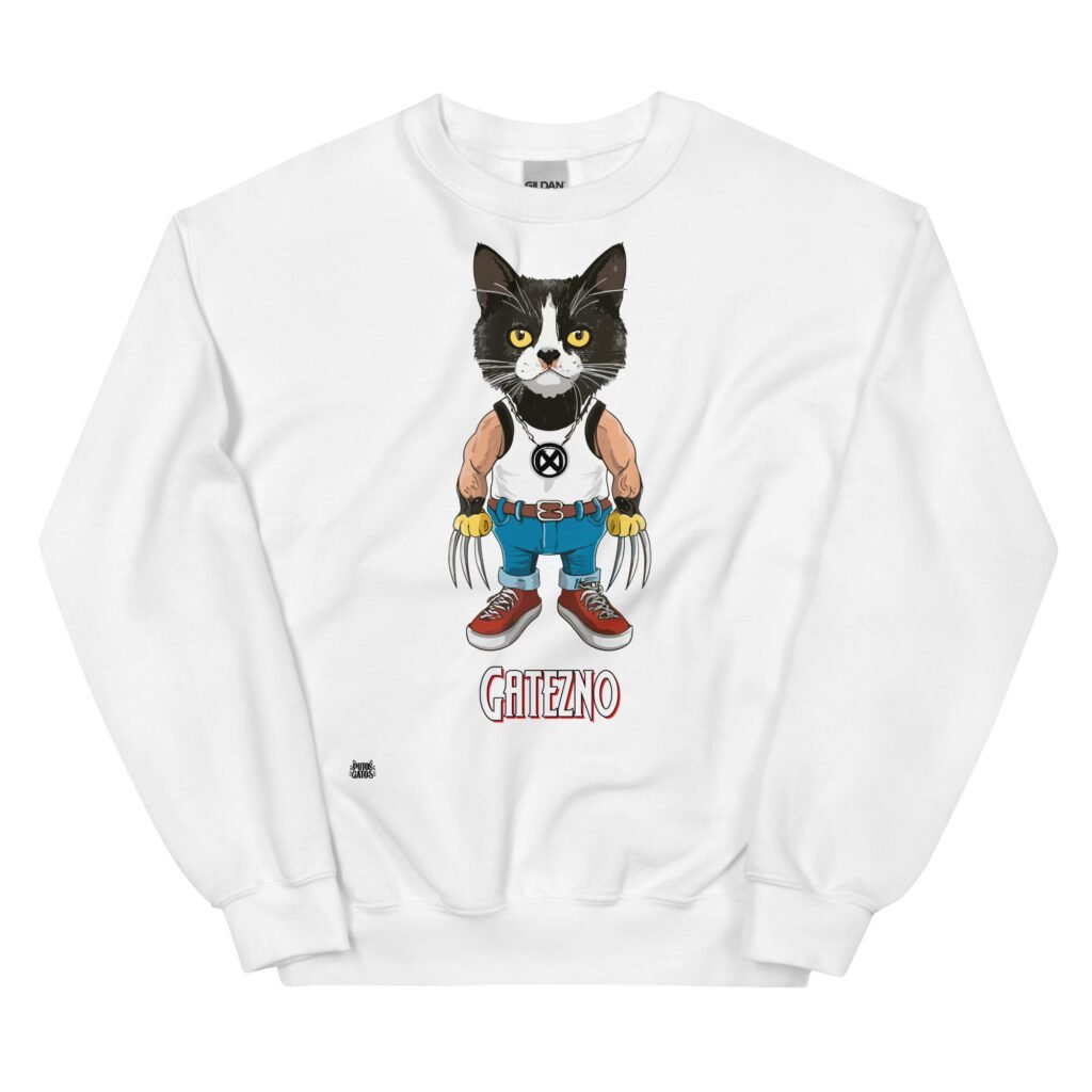 Sudadera divertida de gatos. GATEZNO. Inspirada en Lobezno de los X-Men. Gato con garras de adamantium. Color blanco