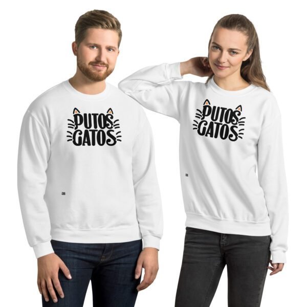 Sudadera original Putos Gatos. Logo de Putos Gatos. Sudaderas divertidas para amantes de los gatos. Color blanco. Pareja