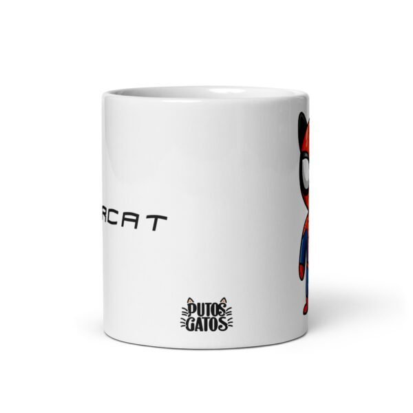 Taza divertida SpiderCat. Inspirada en Spider Man. Gato disfrazado de Spider Man. Ideal para regalo original. Color Blanco