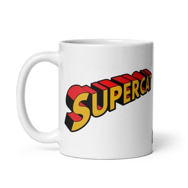 Taza original SuperCat. Inspirada en Super Man. Gato disfrazado de Super Man. Ideal para regalar. Color Blanco