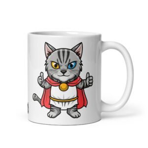 Taza GATITUD POSITIVA. El gato positivo frente a ti con el café de la mañana. Color Blanco