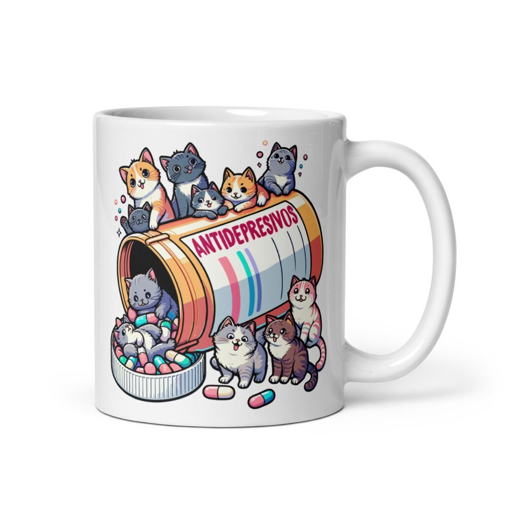 Taza divertida gatos antidepresivos. El mejor regalo para los amantes de los gatos que necesitan echar unas risas con el café de la mañana. Color blanco