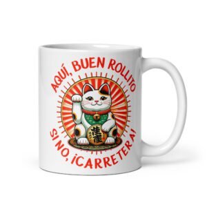 Taza divertida gato de la suerte. Buen rollito. Color Blanco