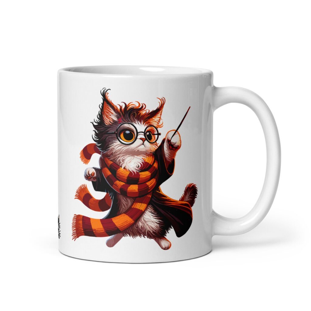 Taza Gaty Potter. Inspirada por la magia de la saga Harry Potter. Regalo ideal para amantes de la magia y los gatos. Color Blanco
