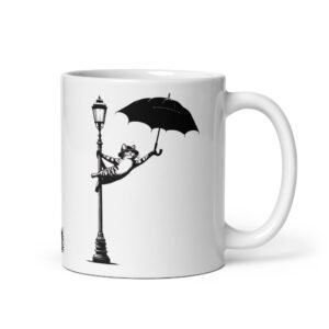 Taza Maullando Bajo la Lluvia. Inspirada en la icónica película Bailando Bajo la Lluvia. Para amantes de los gatos y el cine clásico. Color Blanco