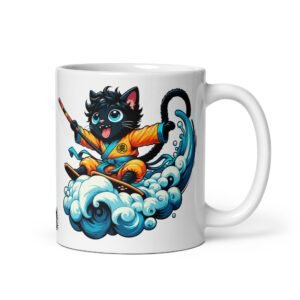 Taza GATOBALL. Inspirada en la serie de anime Dragon Ball. Gato samurai sobre una nube con una katana. Regalo divertido. Color Blanco. Onda vital