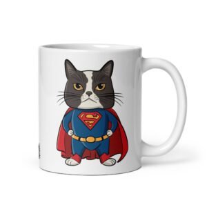 Taza original SuperCat. Inspirada en Super Man. Gato disfrazado de Super Man. Ideal para regalar. Color Blanco