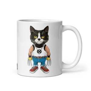 Taza original de gatos. GATEZNO. Inspirada en Lobezno de los X-Men. Color blanco