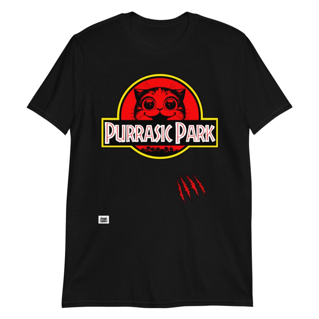 Camiseta divertida de gatos original Purrasic Park. Parodia gatuna de Jurasic Park. Color negro