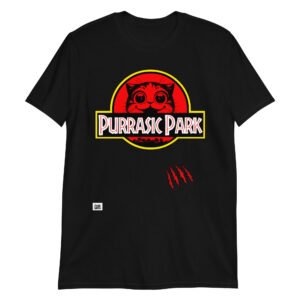 Camiseta divertida de gatos original Purrasic Park. Parodia gatuna de Jurasic Park. Color negro