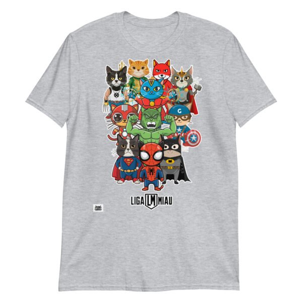 Camiseta de gatos divertida. Liga Miau. Inspirada en La Liga de la Justicia. Llena de superhéroes gatunos. Camisetas divertidas y sudaderas originales de gatos. Color gris