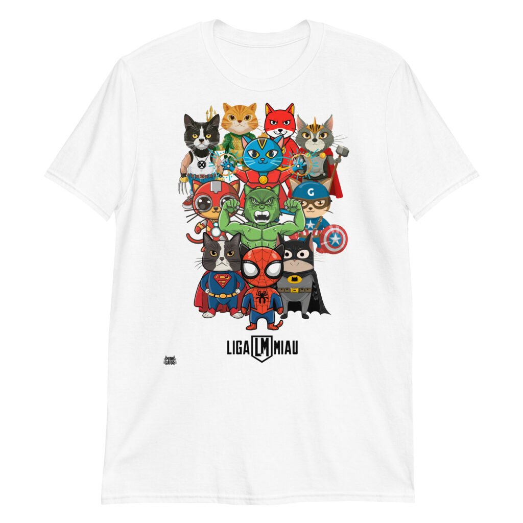 Camiseta de gatos divertida. Liga Miau. Inspirada en La Liga de la Justicia. Llena de superhéroes gatunos. Camisetas divertidas y sudaderas originales de gatos. Color blanco