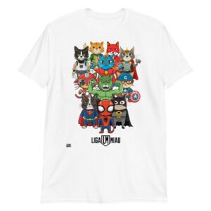 Camiseta de gatos divertida. Liga Miau. Inspirada en La Liga de la Justicia. Llena de superhéroes gatunos. Camisetas divertidas y sudaderas originales de gatos. Color blanco