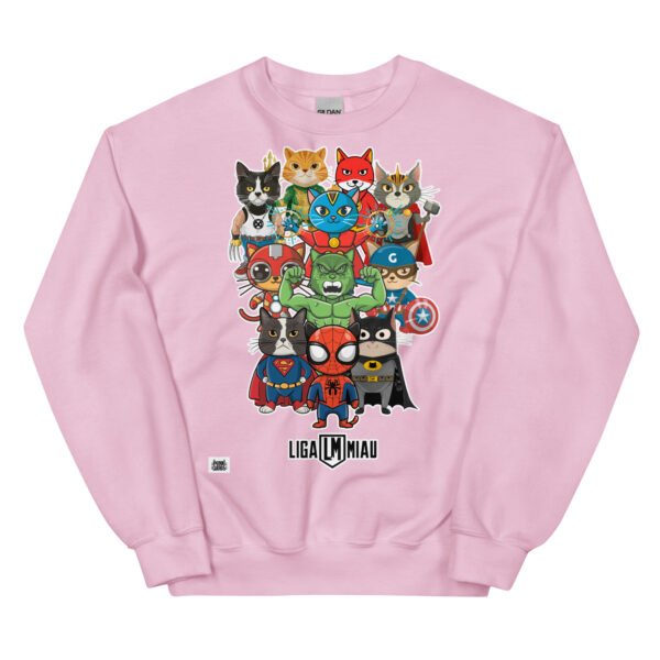 Sudadera de gatos divertida. Liga Miau. Inspirada en La Liga de la Justicia. Llena de superhéroes gatunos. Camisetas divertidas y sudaderas originales de gatos. Color rosa