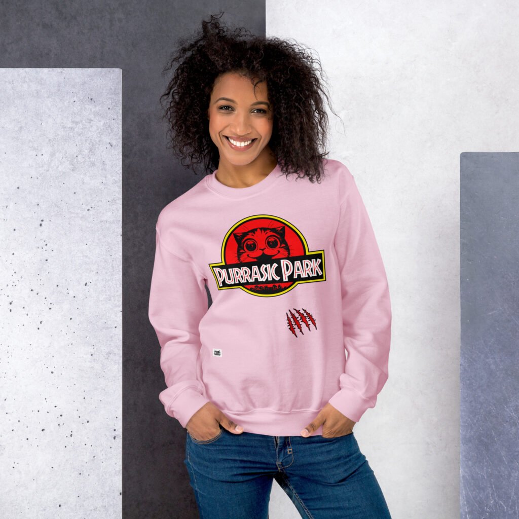 Sudadera de gatos original Purrasic Park. Parodia gatuna de Jurasic Park. Color rosa. Chica