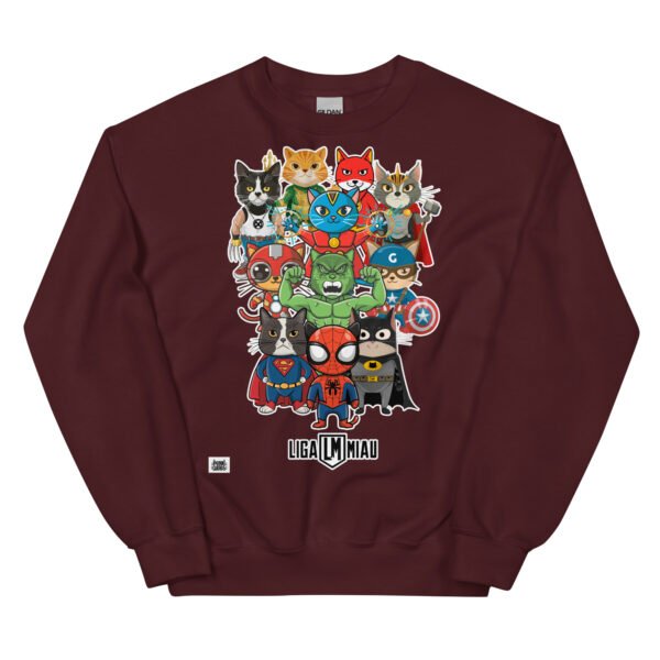 Sudadera de gatos divertida. Liga Miau. Inspirada en La Liga de la Justicia. Llena de superhéroes gatunos. Camisetas divertidas y sudaderas originales de gatos. Color marrón