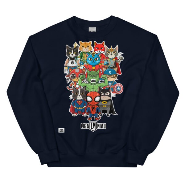 Sudadera de gatos divertida. Liga Miau. Inspirada en La Liga de la Justicia. Llena de superhéroes gatunos. Camisetas divertidas y sudaderas originales de gatos. Color azul marino