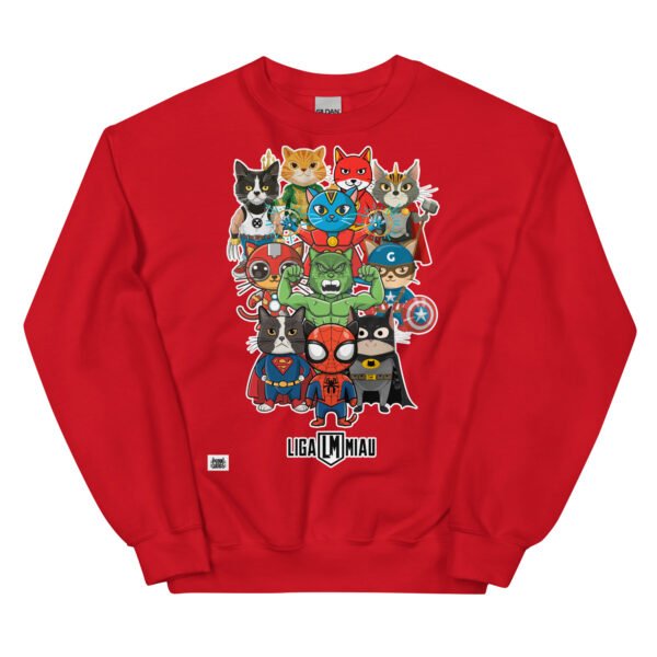 Sudadera de gatos divertida. Liga Miau. Inspirada en La Liga de la Justicia. Llena de superhéroes gatunos. Camisetas divertidas y sudaderas originales de gatos. Color rojo