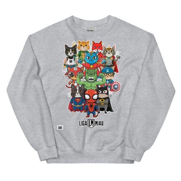 Sudadera de gatos divertida. Liga Miau. Inspirada en La Liga de la Justicia. Llena de superhéroes gatunos. Camisetas divertidas y sudaderas originales de gatos. Color gris