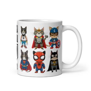 Taza de gatos divertida. Liga Miau. Inspirada en La Liga de la Justicia. Llena de superhéroes gatunos. Camisetas divertidas y regalos originales de gatos. Color blanco
