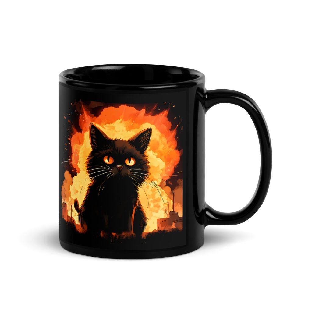 Taza negra divertida de gatos. Explosión nuclear. Catástrofe. Muy original. Regalo perfecto