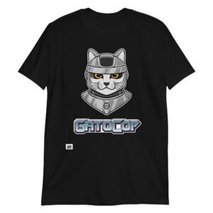 Camiseta original GATOCOP. El gato policía. Basada en la película Robocop. Color negro