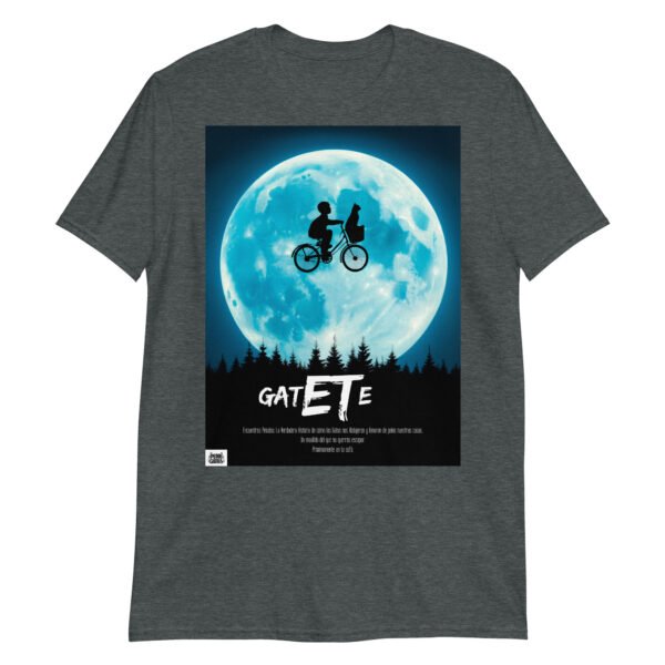 Camiseta divertida gatete, el gato extraterrestre. Parodia gatuna de ET el Extraterrestre de 1982. Color gris oscuro