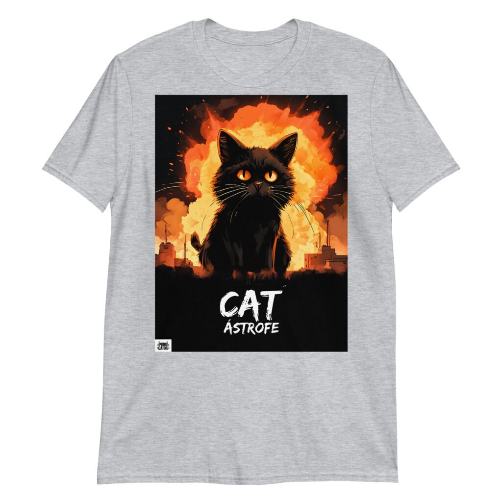Camiseta divertida de gatos. Explosión nuclear. Catástrofe. Color gris