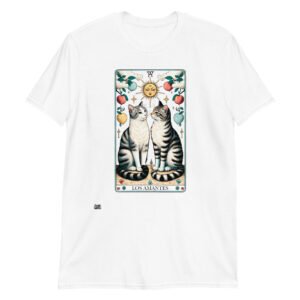 Camiseta original de gatos: carta del tarot Los Amantes. Color blanco