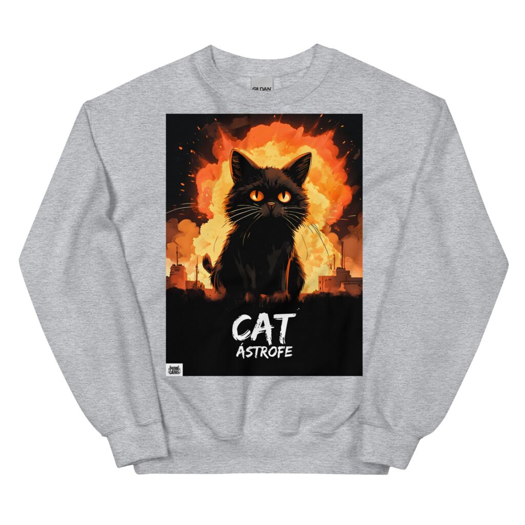 Sudadera divertida de gatos. Explosión nuclear. Catástrofe. Color gris gris