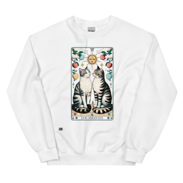 Sudadera original de gatos: carta del tarot Los Amantes. Color blanco