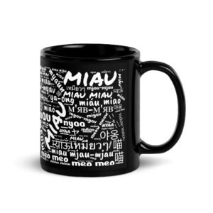 Taza de gatos como se dice MIAU  en diferentes idiomas negra