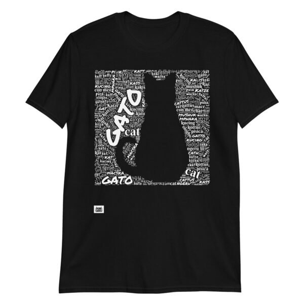 Camiseta negra gato en diferentes idiomas tinta blanca