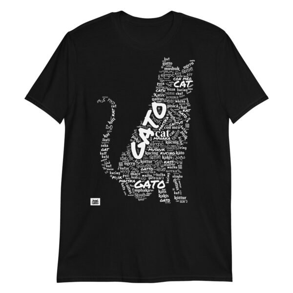 Camiseta negra gato grande en diferentes idiomas tinta blanca