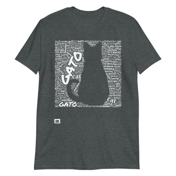 Camiseta gris gato en diferentes idiomas tinta blanca